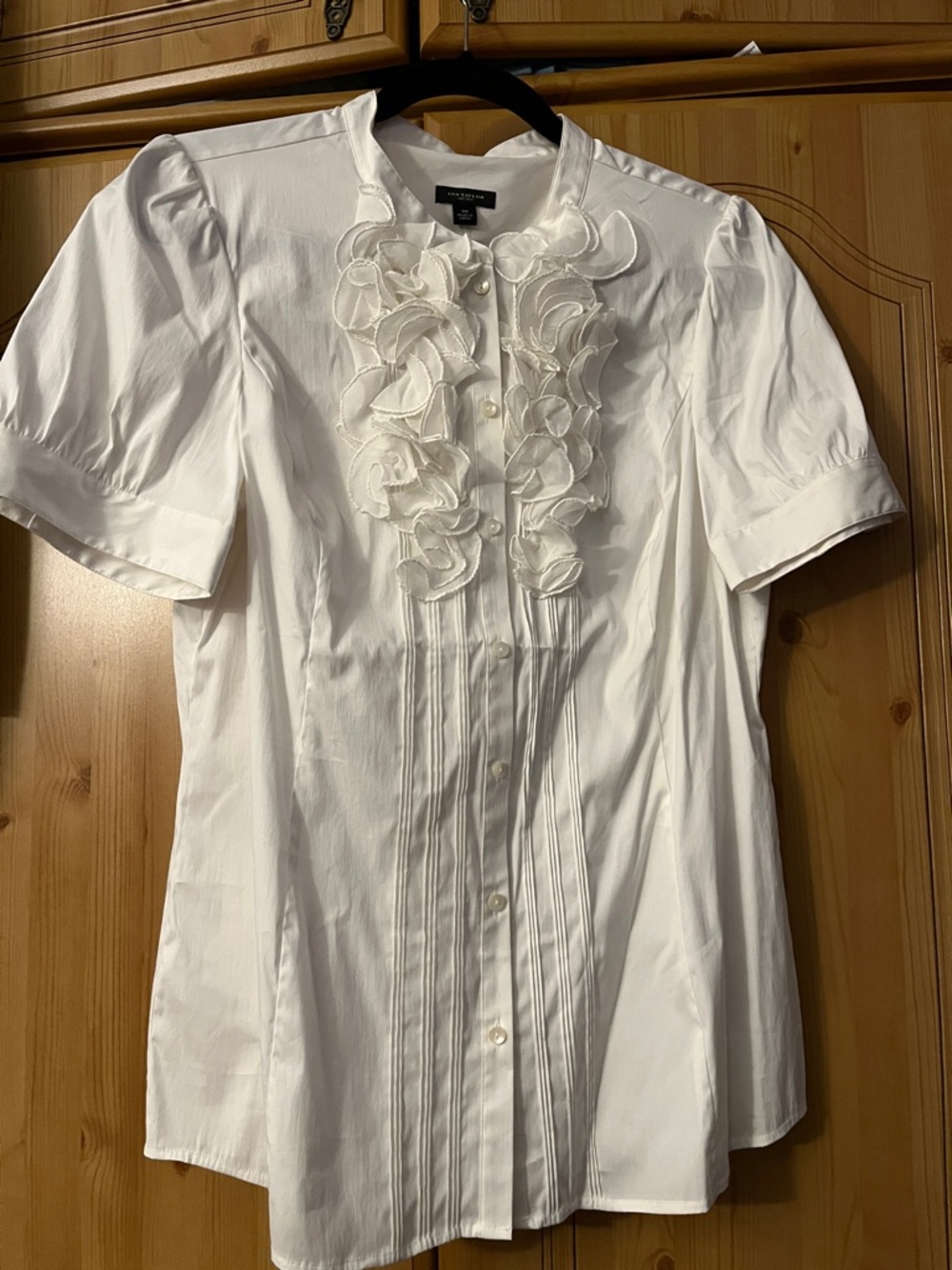 Ann Taylor White Ruffle Front Button Blouse